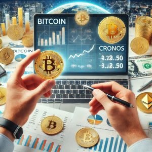 BTC coin and computer quote